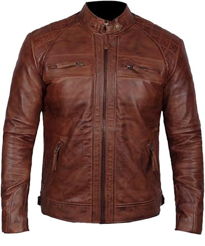 Jnriver Diamond Quilted Motorcycle Genuine Lambskin Leather